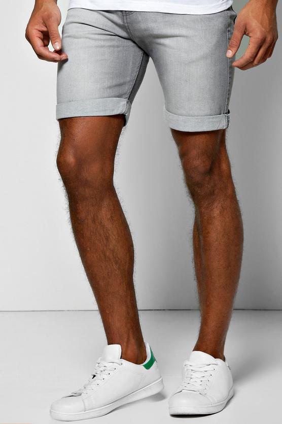 Skinny Fit Light Grey Denim Shorts in Mid Length
